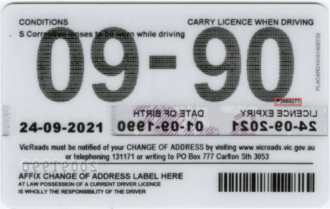 VIC drivers license back example